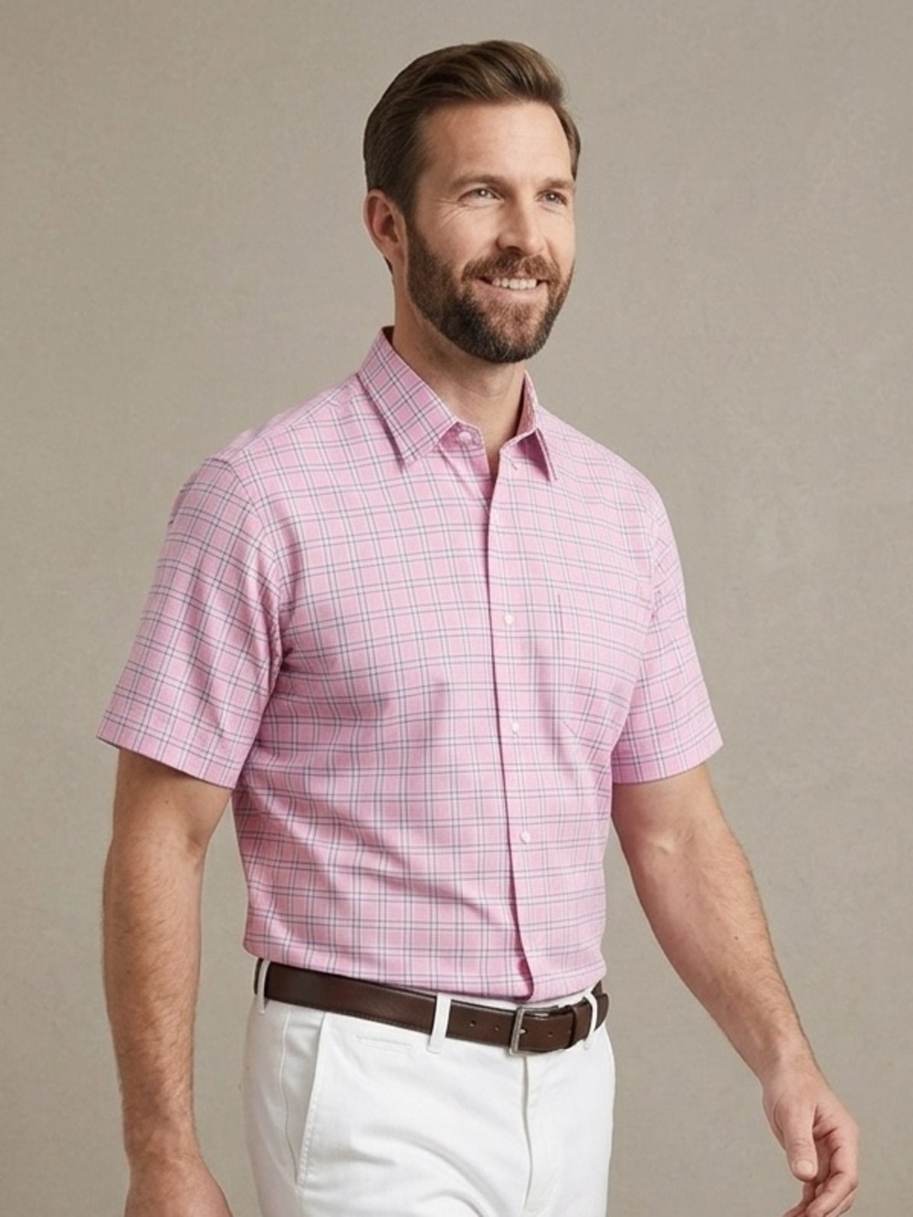 Paul Fredrick Pink Plaid Striped Short-Sleeve Performance Cotton Sport Large